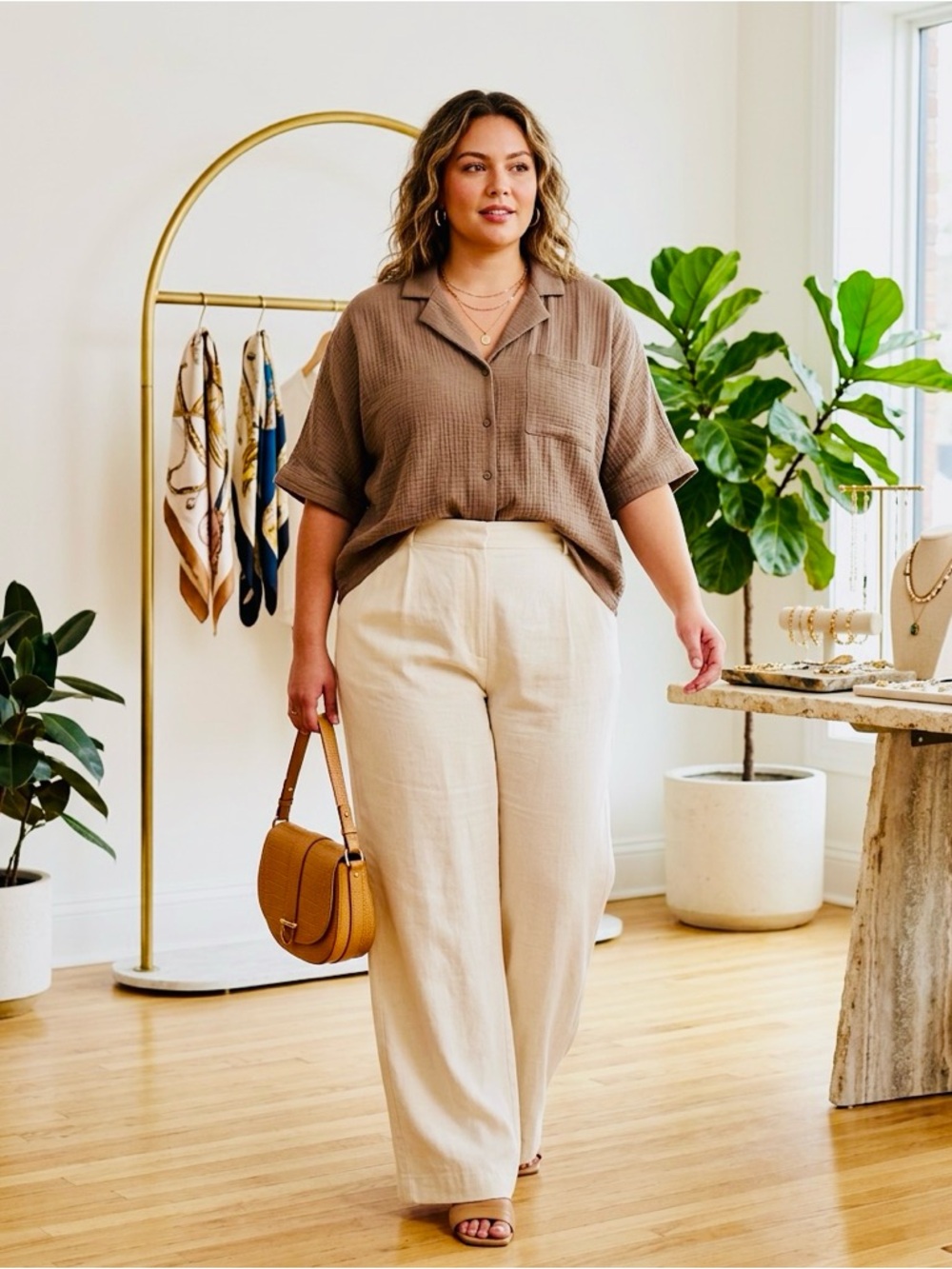 Only Brown Short-Sleeve Button-Up Blouse